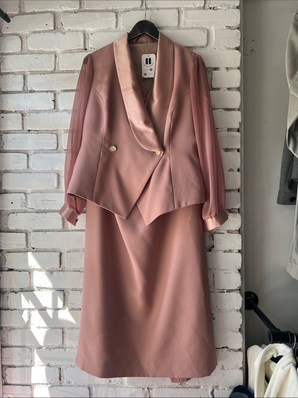 Vintage Mauve Two-Piece Satin Trim Skirt Suit maxi skirt blouse sleeve blazer